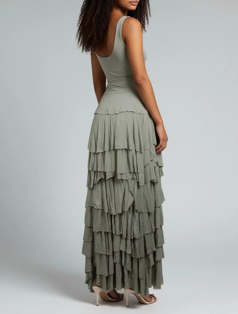 Taupe Flounce Maxi Dress: Handmade Modal Ruffle Layer Tank Dress