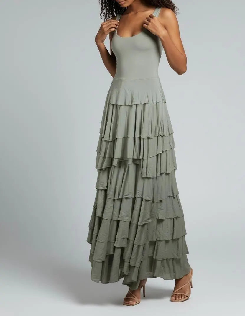 Taupe Flounce Maxi Dress: Handmade Modal Ruffle Layer Tank Dress