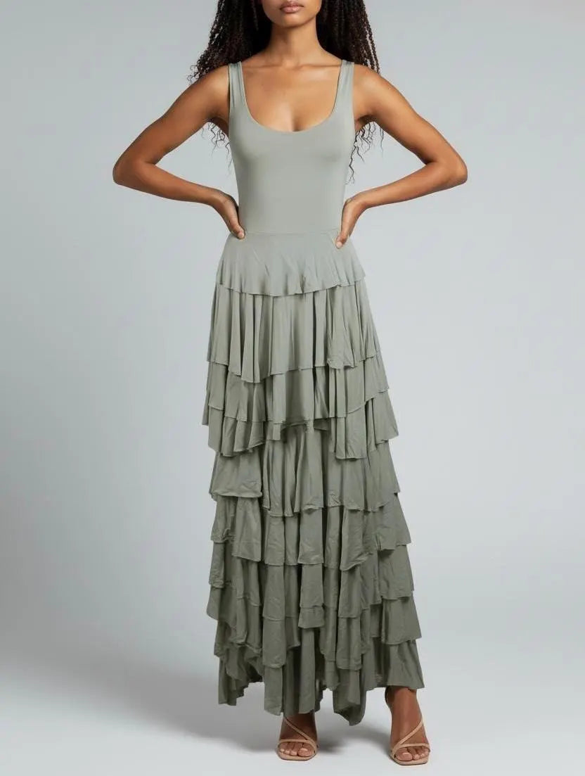 Taupe Flounce Maxi Dress: Handmade Modal Ruffle Layer Tank Dress