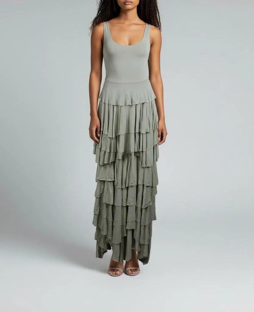 Taupe Flounce Maxi Dress: Handmade Modal Ruffle Layer Tank Dress
