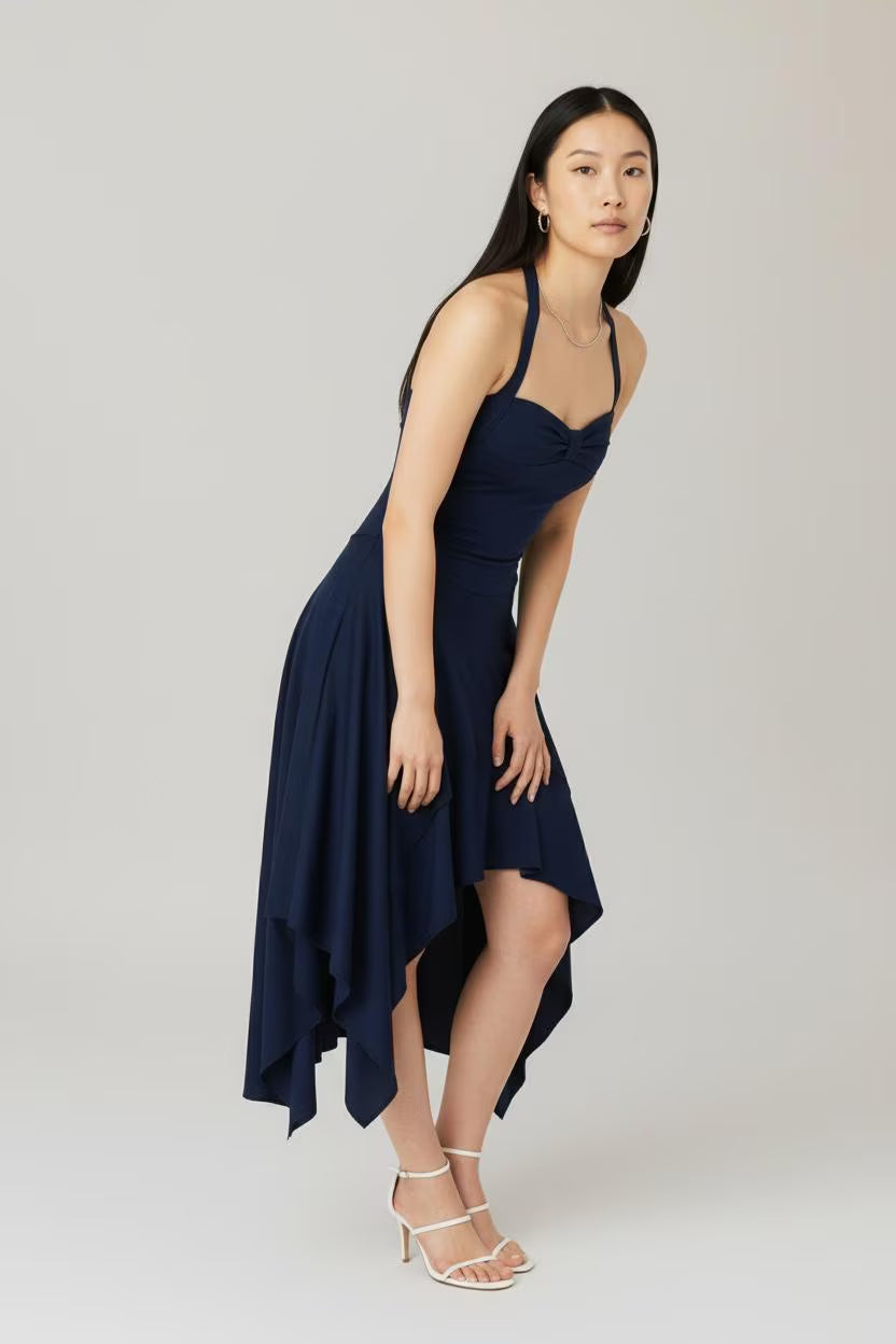 Navy Blue Asymmetrical Halter Dress: Handmade Jersey Midi