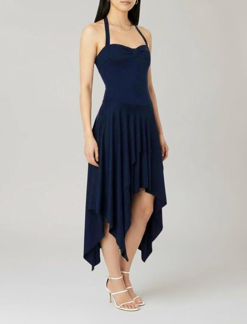 Navy Blue Asymmetrical Halter Dress: Handmade Jersey Midi