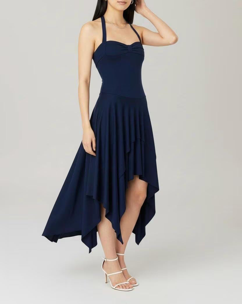Navy Blue Asymmetrical Halter Dress: Handmade Jersey Midi