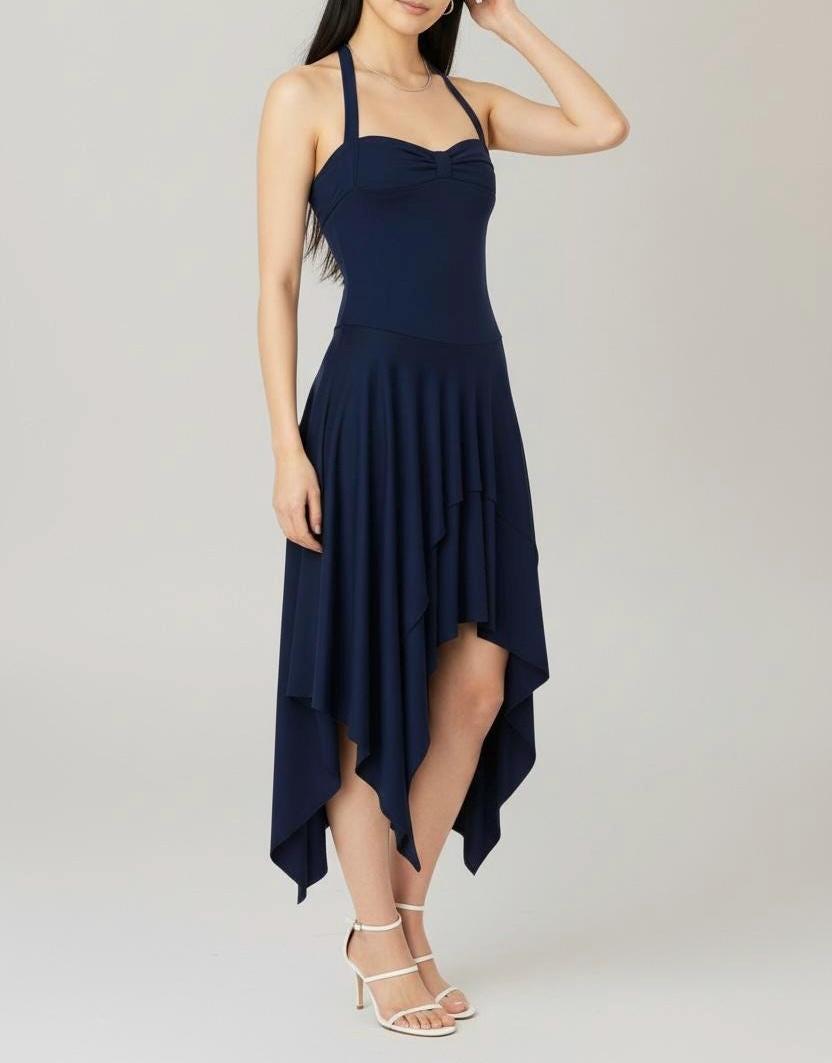 Navy Blue Asymmetrical Halter Dress: Handmade Jersey Midi