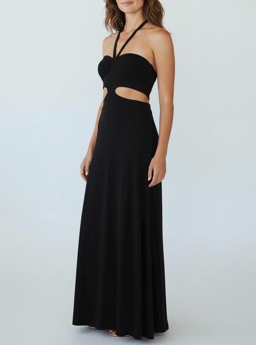 Halter Black Maxi Dress with Cut Outs - Handmade