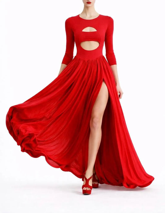Red Cut-Out Maxi Dress with Thigh-High Slit – 3/4 Sleeve Statement Evening Gown