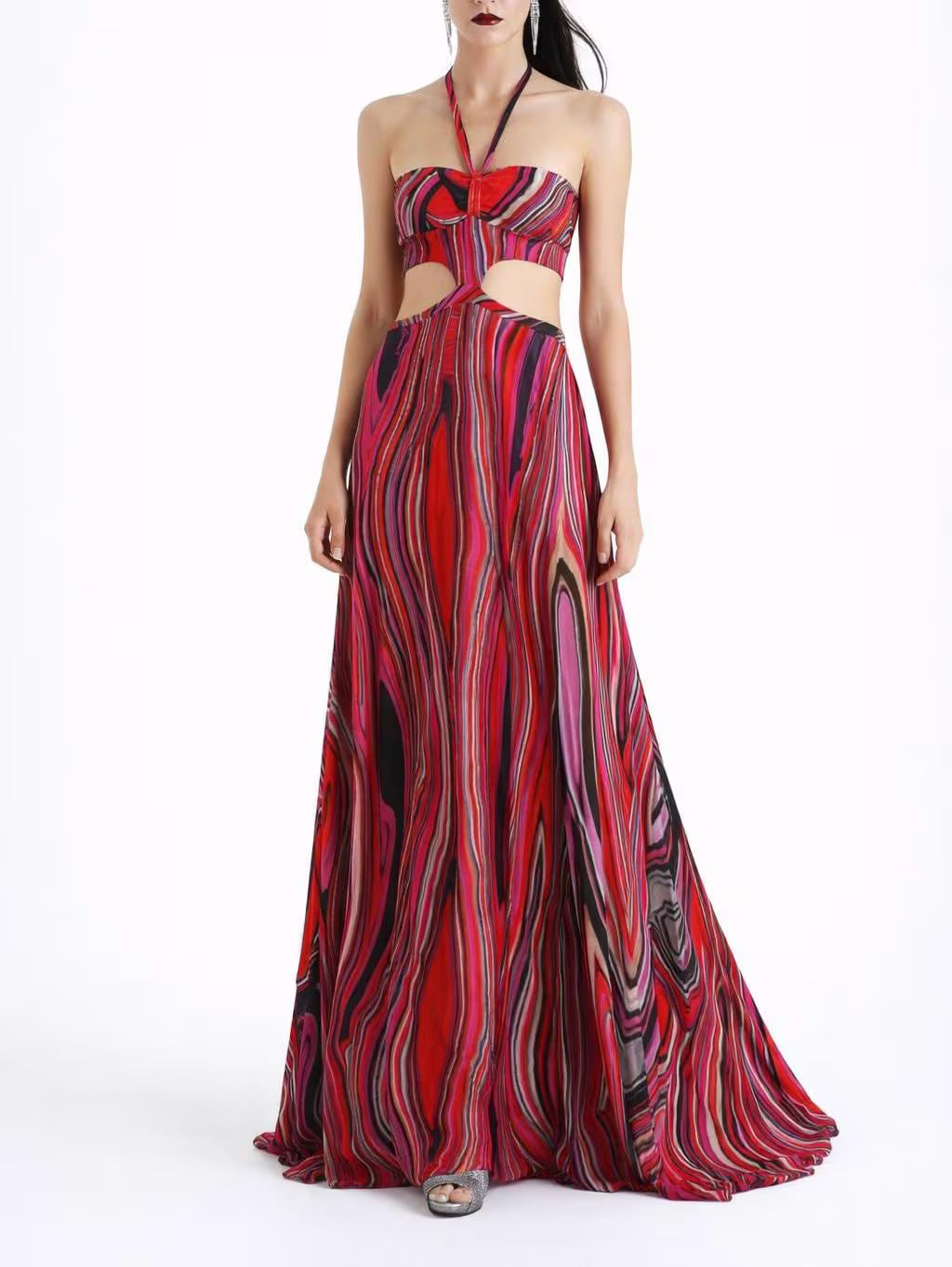 Psychedelic Halter Maxi Dress: Cut Out Knit Gown