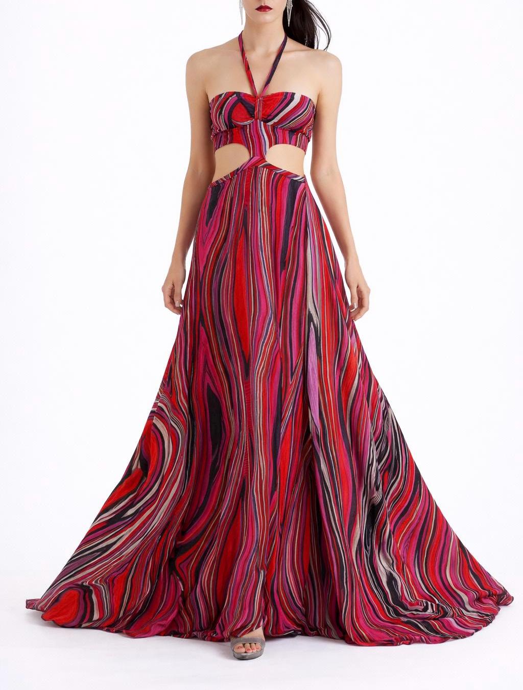 Psychedelic Halter Maxi Dress: Cut Out Knit Gown
