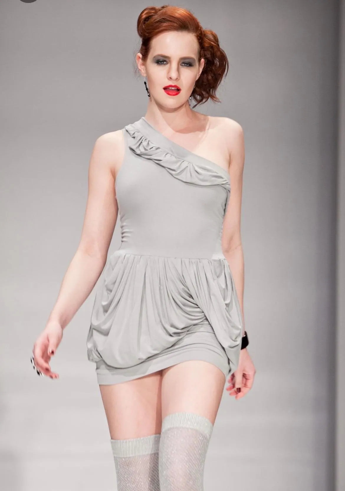 Pixie Mini Draped Dress – One-Shoulder Grey Mini Dress with Soft Draping, Modern Statement Cocktail Dress