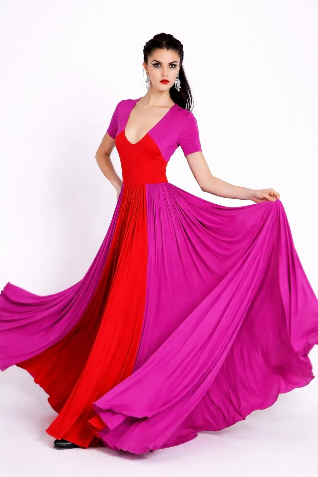 Colorblock Maxi Dress: Red & Fuchsia, Handmade Rayon Blend