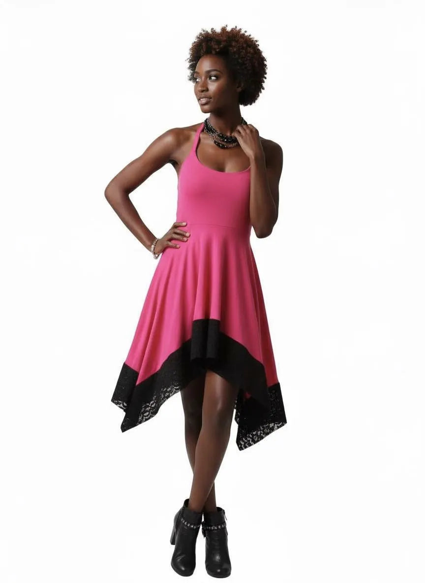 Halter Handkerchief Dress with Lace Hem - Hot Pink Handmade Midi
