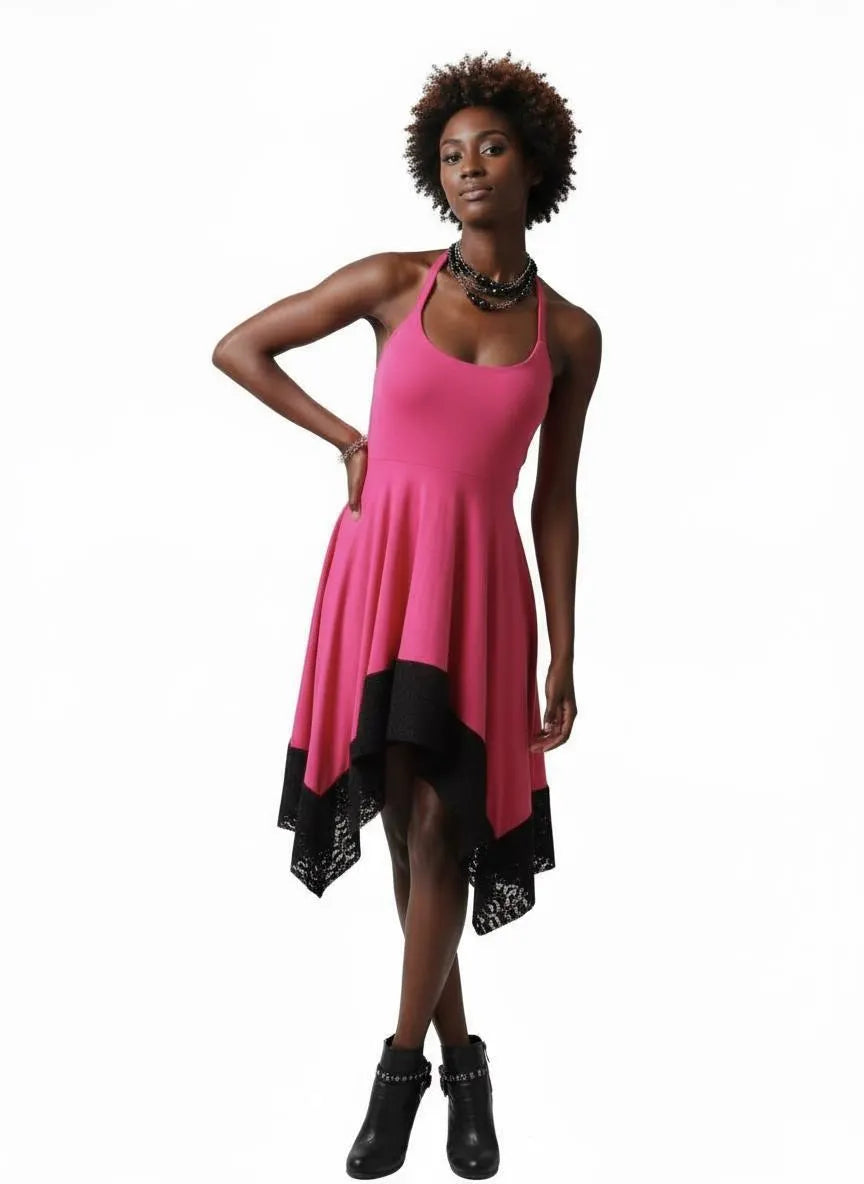 Halter Handkerchief Dress with Lace Hem - Hot Pink Handmade Midi