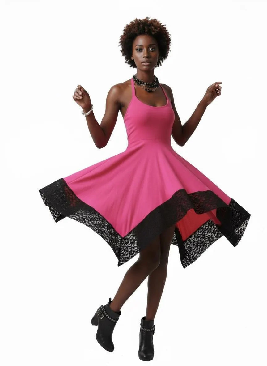 Halter Handkerchief Dress with Lace Hem - Hot Pink Handmade Midi