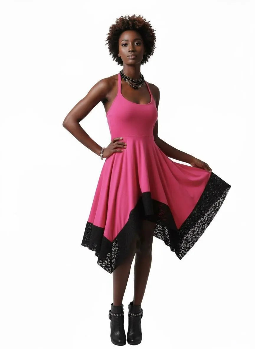 Halter Handkerchief Dress with Lace Hem - Hot Pink Handmade Midi