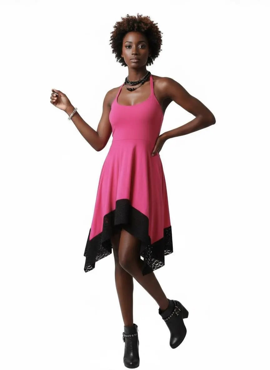 Halter Handkerchief Dress with Lace Hem - Hot Pink Handmade Midi