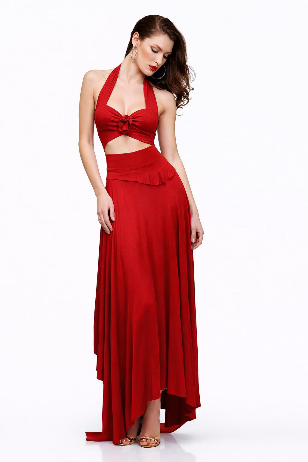 Red Halter Salsa Dress: Cut Out Asymmetrical Hem Dance Dress