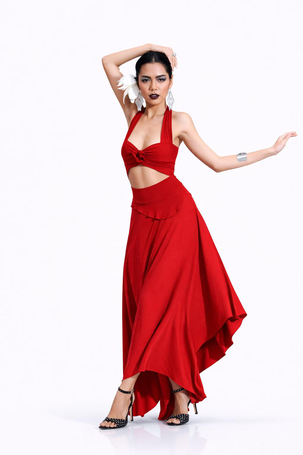 Red Halter Salsa Dress: Cut Out Asymmetrical Hem Dance Dress