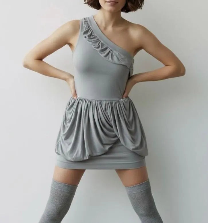 Pixie Mini Draped Dress – One-Shoulder Grey Mini Dress with Soft Draping, Modern Statement Cocktail Dress