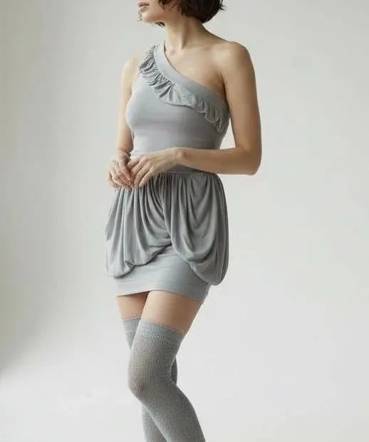 Pixie Mini Draped Dress – One-Shoulder Grey Mini Dress with Soft Draping, Modern Statement Cocktail Dress