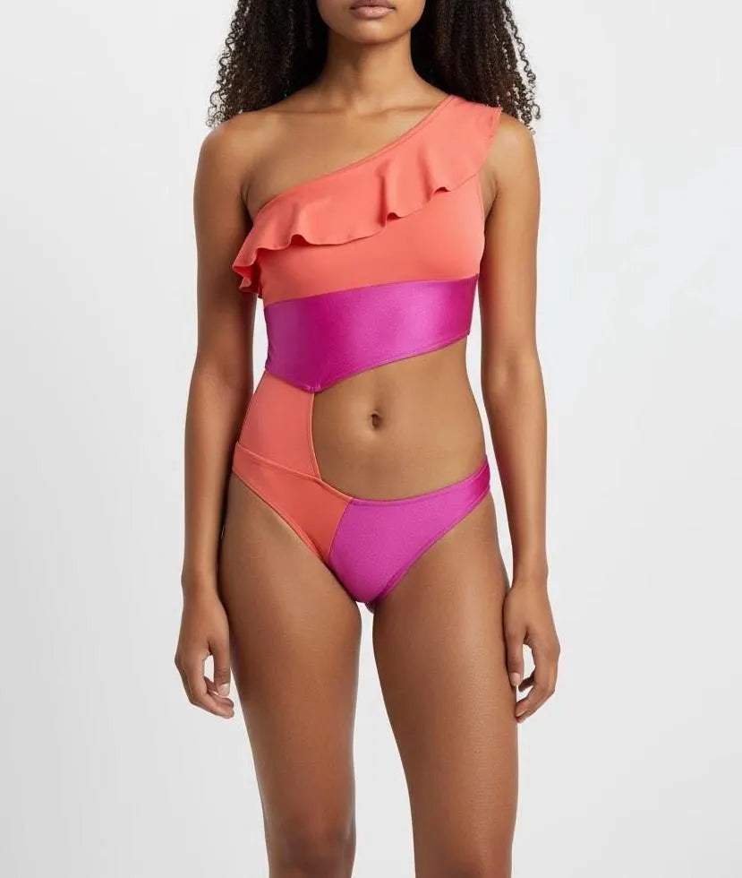 PASSION Asymmetrical one shoulder Ruffle Cutout Swimsuit