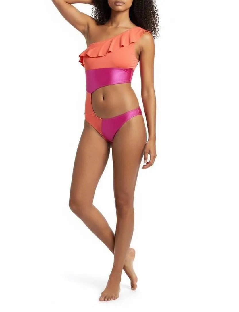 PASSION Asymmetrical one shoulder Ruffle Cutout Swimsuit