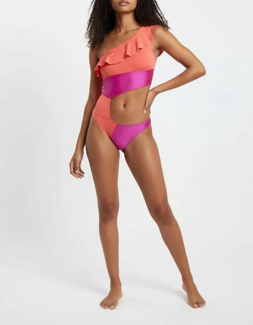 PASSION Asymmetrical one shoulder Ruffle Cutout Swimsuit