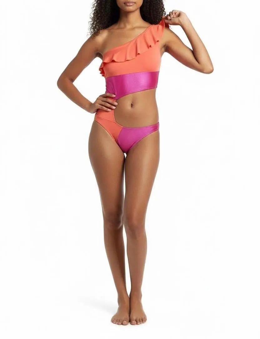 PASSION Asymmetrical one shoulder Ruffle Cutout Swimsuit