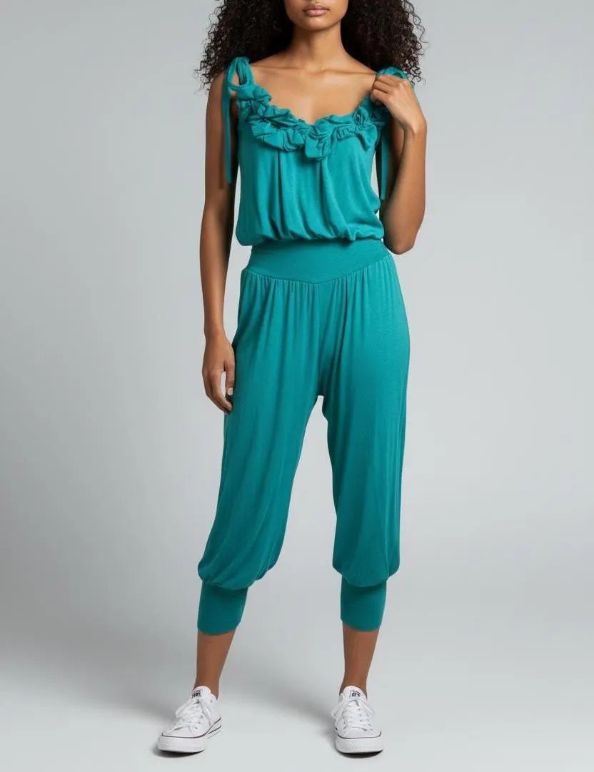 Gloria Jumpsuit – Flowy Ruffle Tie-Strap Jumpsuit | Soft Stretch Lounge Romper | Casual Chic One-Piece Outfit