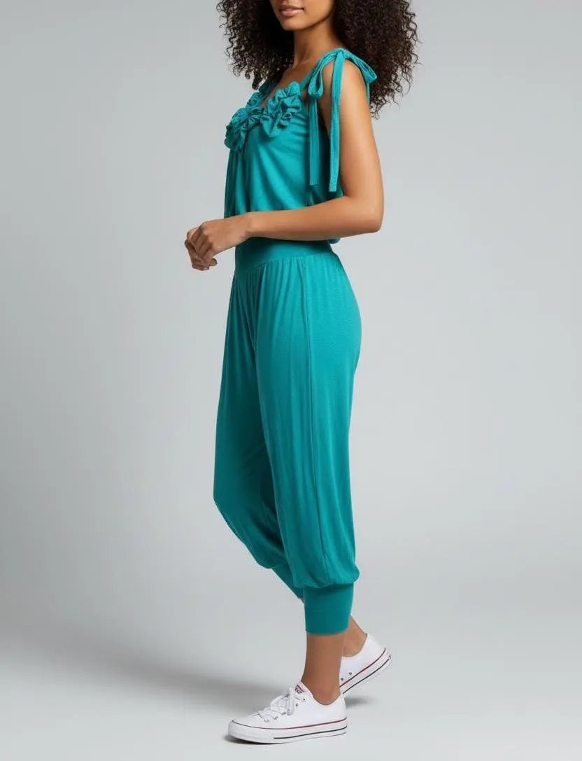 Gloria Jumpsuit – Flowy Ruffle Tie-Strap Jumpsuit | Soft Stretch Lounge Romper | Casual Chic One-Piece Outfit