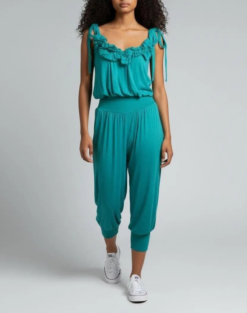 Gloria Jumpsuit – Flowy Ruffle Tie-Strap Jumpsuit | Soft Stretch Lounge Romper | Casual Chic One-Piece Outfit
