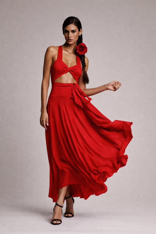 Twisted Bust Red Maxi Dress: Multi-Way USA Made Gown