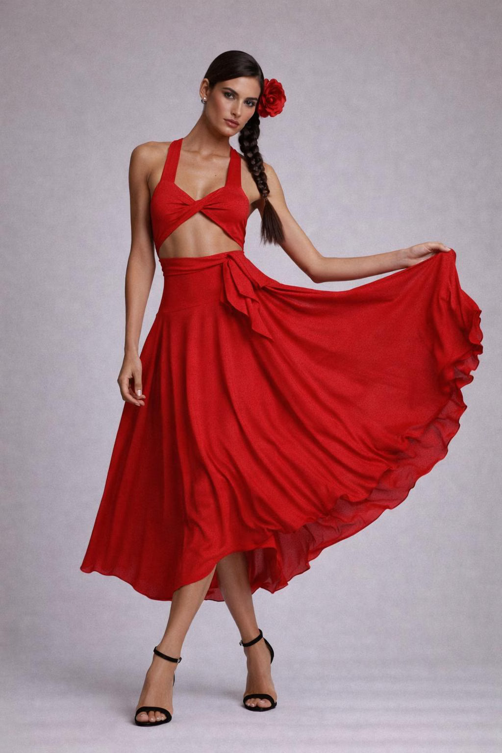 Twisted Bust Red Maxi Dress: Multi-Way USA Made Gown