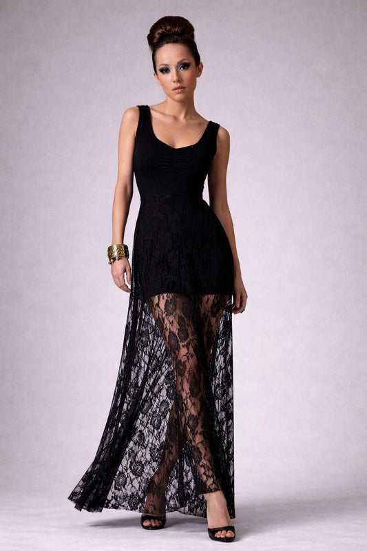 Lace Maxi Dress with Tank Top: Cinched Bust, Handmade in USA