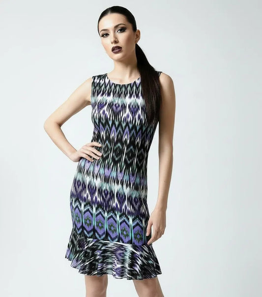 Tribal Print Mini Dress: Flounce Hem Bodycon Rayon Blend