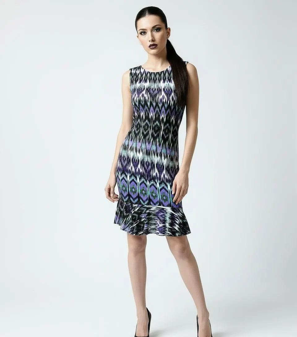 Tribal Print Mini Dress: Flounce Hem Bodycon Rayon Blend