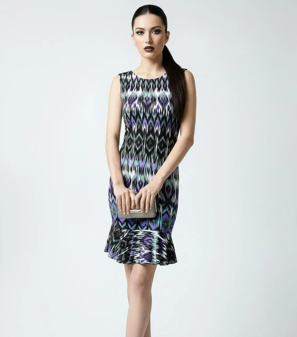 Tribal Print Mini Dress: Flounce Hem Bodycon Rayon Blend