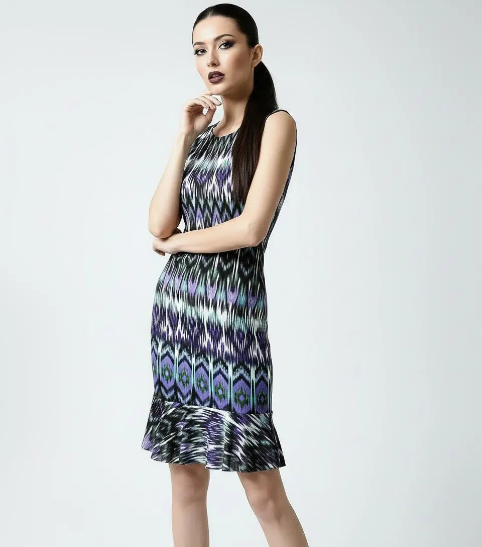 Tribal Print Mini Dress: Flounce Hem Bodycon Rayon Blend