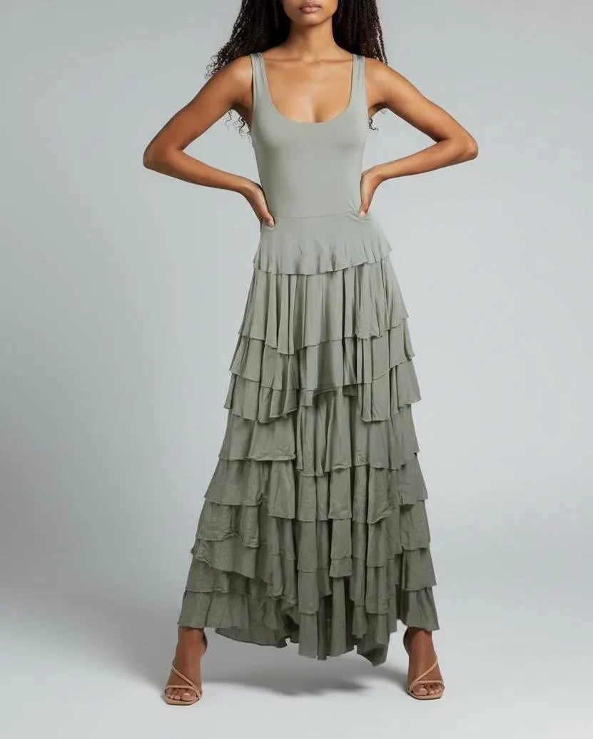 Taupe Flounce Maxi Dress: Handmade Modal Ruffle Layer Tank Dress