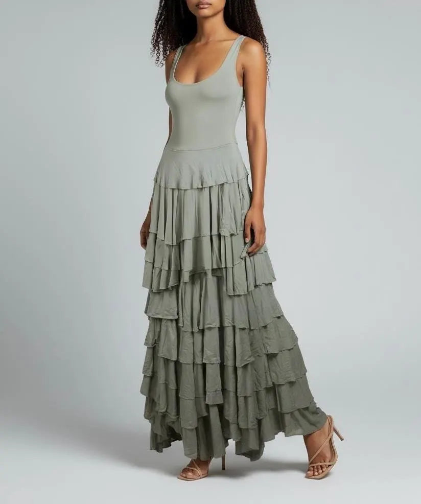 Taupe Flounce Maxi Dress: Handmade Modal Ruffle Layer Tank Dress