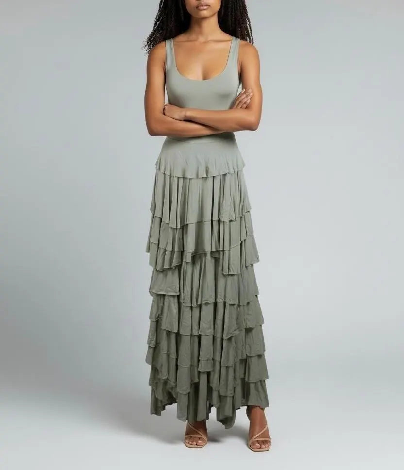 Taupe Flounce Maxi Dress: Handmade Modal Ruffle Layer Tank Dress