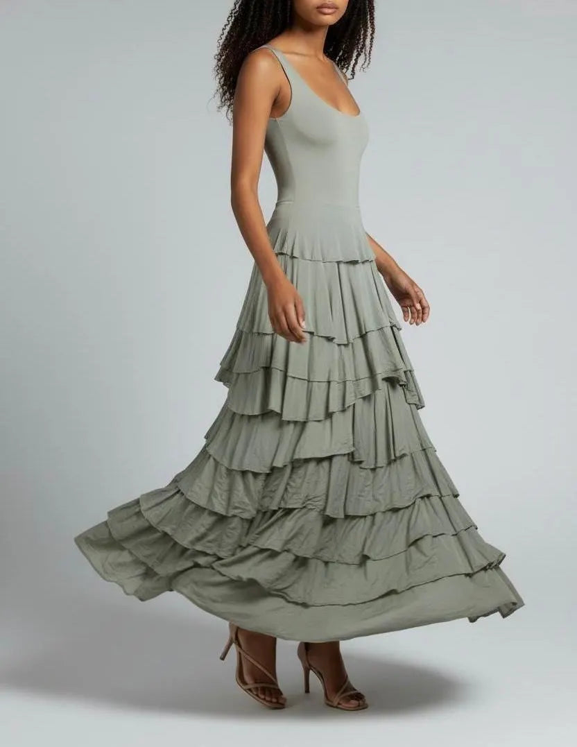 Taupe Flounce Maxi Dress: Handmade Modal Ruffle Layer Tank Dress