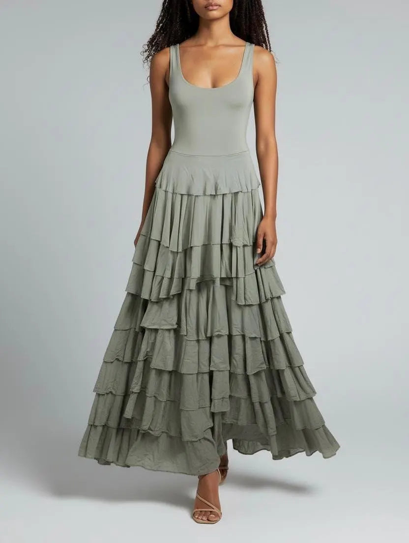 Taupe Flounce Maxi Dress: Handmade Modal Ruffle Layer Tank Dress