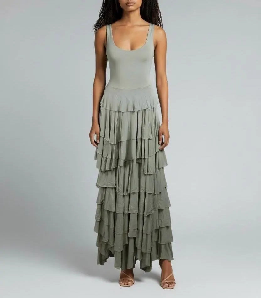 Taupe Flounce Maxi Dress: Handmade Modal Ruffle Layer Tank Dress