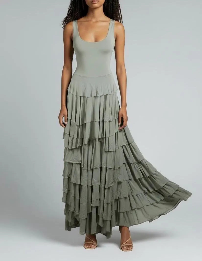Taupe Flounce Maxi Dress: Handmade Modal Ruffle Layer Tank Dress