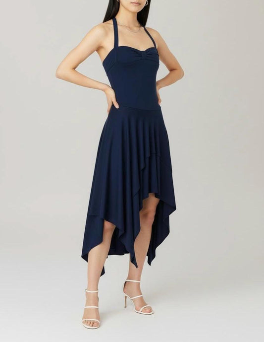 Navy Blue Asymmetrical Halter Dress: Handmade Jersey Midi