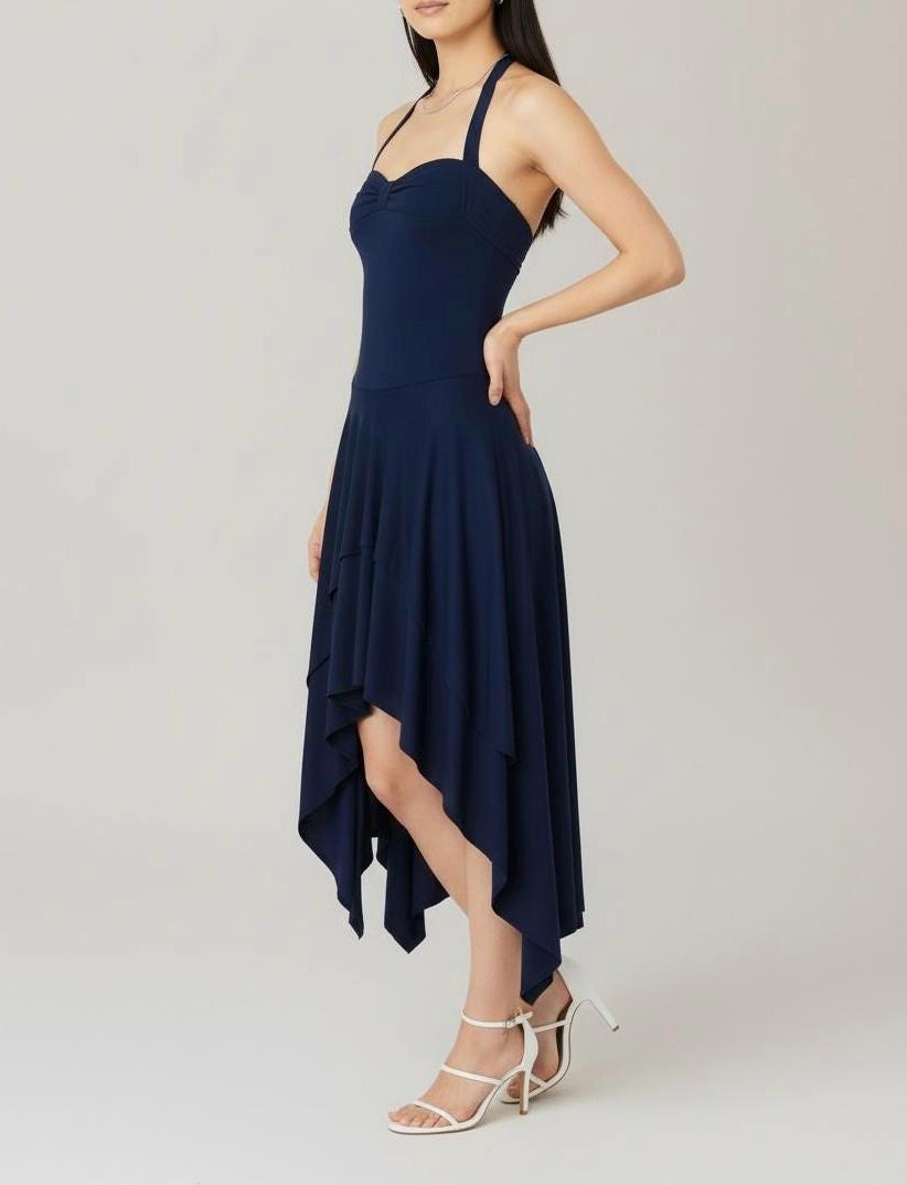 Navy Blue Asymmetrical Halter Dress: Handmade Jersey Midi