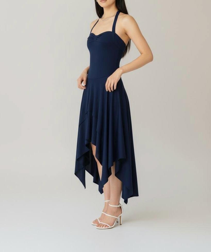 Navy Blue Asymmetrical Halter Dress: Handmade Jersey Midi