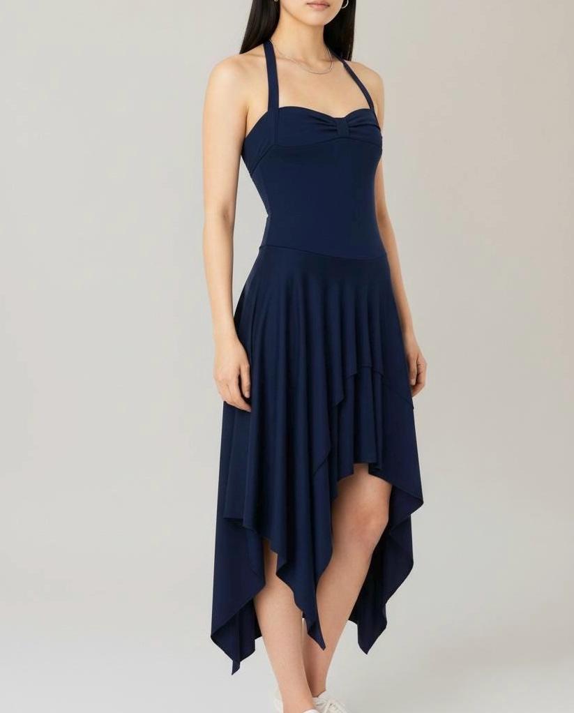 Navy Blue Asymmetrical Halter Dress: Handmade Jersey Midi