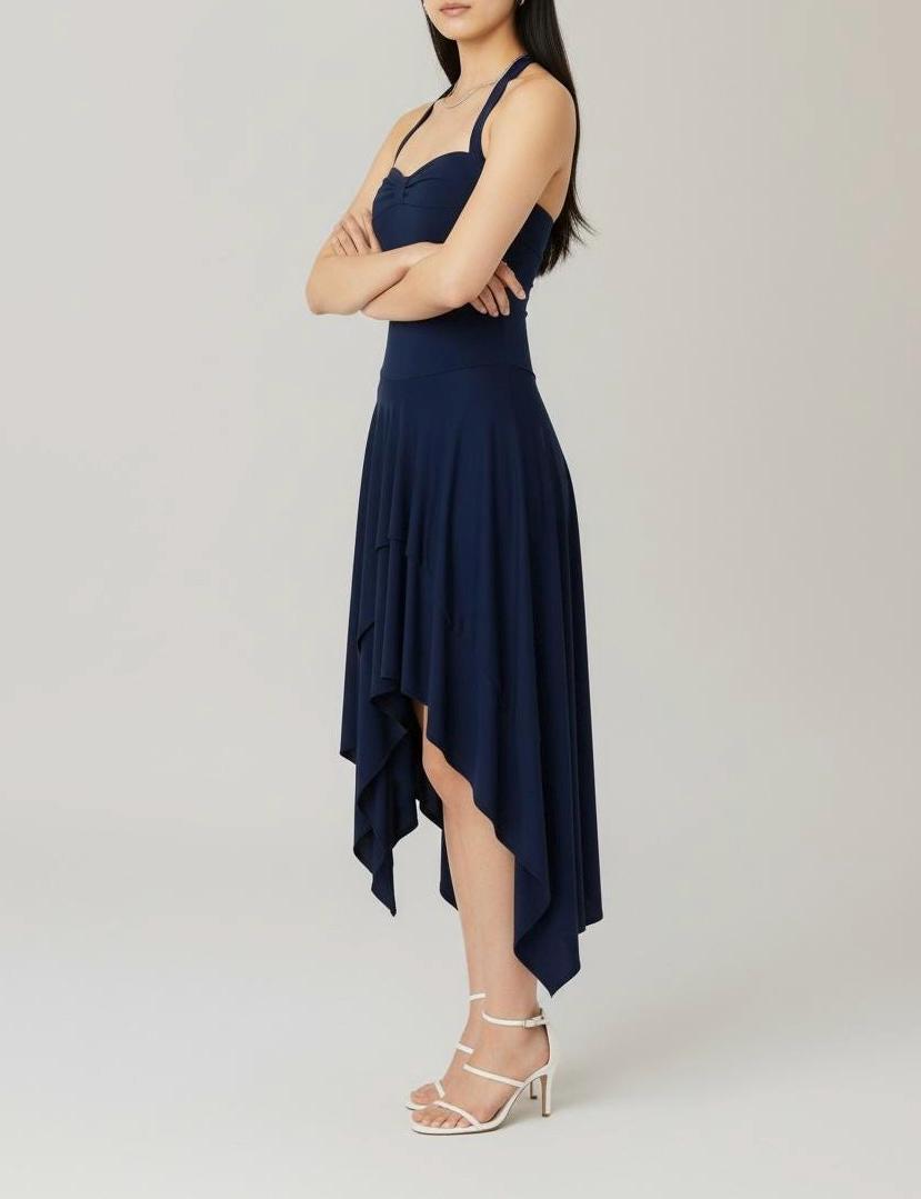 Navy Blue Asymmetrical Halter Dress: Handmade Jersey Midi