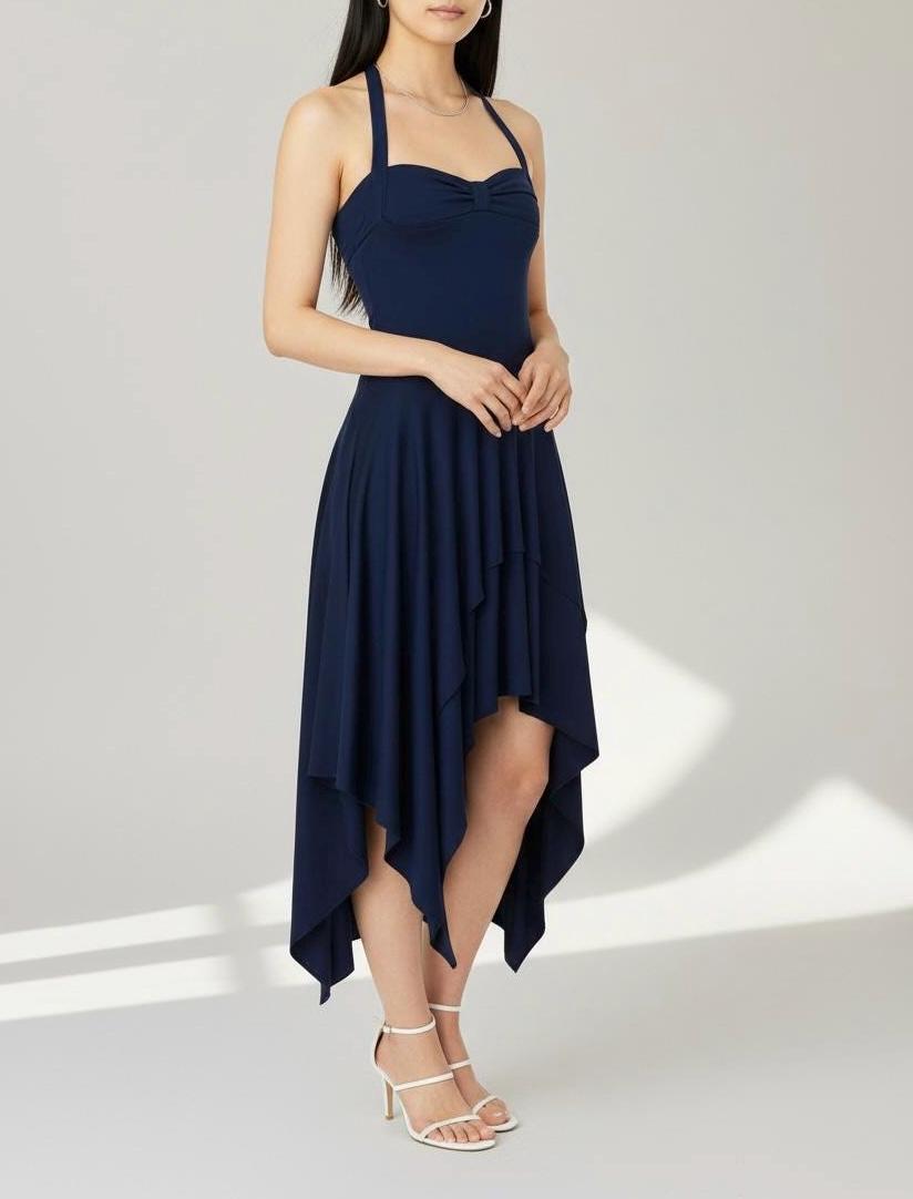 Navy Blue Asymmetrical Halter Dress: Handmade Jersey Midi